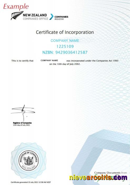 New Zeland Certificate of Registration